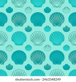 Seamless pattern with contour line seashells aquamarine background. Trendy pattern with silhouettes and contour line seashells for wrapping paper, wallpaper, fabric, textile, stickers. Vector