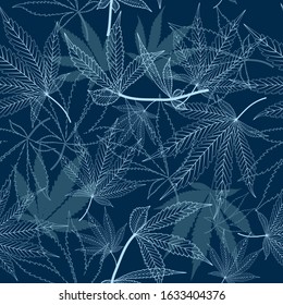 Seamless pattern with contour lines medical marijuana leaves on blue background, vector illustration.