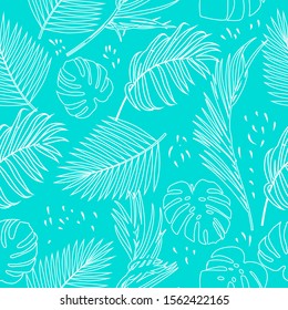 Seamless pattern with contour lines monochrome tropical jungle palm tree leaves. Botanical vector illustration.
