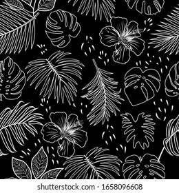 Seamless pattern with contour lines monochrome tropical jungle palm tree leaves. Botanical vector illustration.
