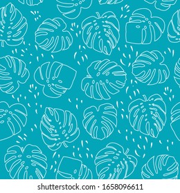 Seamless pattern with contour lines monochrome monstera, tropical jungle leaves. Botanical vector illustration.