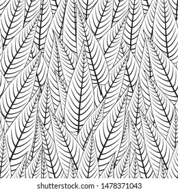 Seamless pattern with contour lines of tropical leaves on a white background.