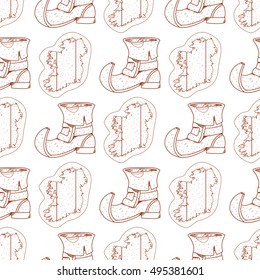 Seamless pattern with contour map and Ireland leprechaun shoe.