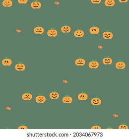 seamless pattern with contour orange pumpkin faces in a minimalistic style on a green background, background vector for print on halloween