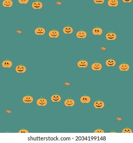 seamless pattern with contour orange pumpkin faces in a minimalistic style on a green-blue background, background vector for printing on Halloween