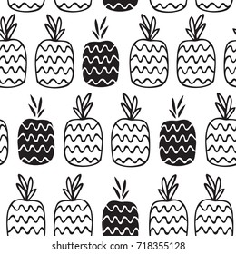 Seamless pattern with contour pineapples. Black and white pineapples on a white background.