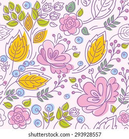 Seamless pattern, contour, pink flowers, yellow leaves, pink background. Seamless color pattern with pink flowers, yellow leaves and blue berries on a pink background. Natural motif, modern design. 