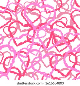 Seamless pattern. Contour pink hearts on a white background. Vector drawing. Texture.