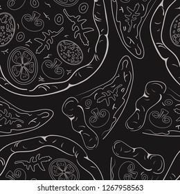 Seamless pattern of contour pizzas and pizza slices on black background with ingredients: tomatoes, salami, cheese, mushrooms and arugula. Еlements, emblems. Vector illustration.