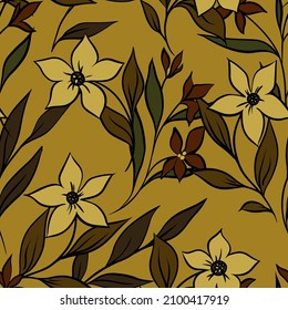 Seamless pattern with contour plants in vintage style. Old fashioned floral print with hand drawn flowers, leaves, twigs. Floral background design with small flowers, leaves in natural colors. Vector.