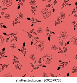 Seamless pattern with contour of poppies flowers on red background