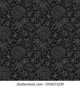 Seamless pattern with contour rose flowers and butterflies, light outline flowers and insects on a dark background