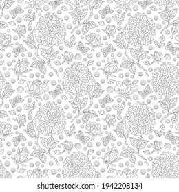 Seamless pattern with contour rose flowers and butterflies, dark outline flowers and insects on a white background