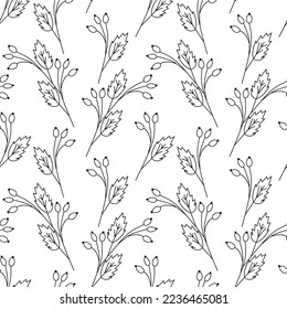 Seamless pattern from Contour rosehip branches. Abstract background texture. Coloring page. Isolate