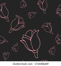 Patrón sin brillo con contorno de flores de rosas sobre un fondo gris .Ilustración dibujada a mano por vectores.Ilustración vectorial para placa, logotipo, pegatina, impresión.