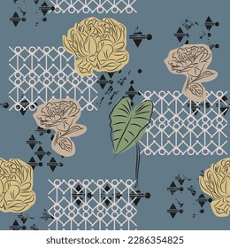 Seamless pattern with contour roses and geometric ornament. Design for cloth, wallpaper, gift wrapping. Print for silk, calico and home textiles.