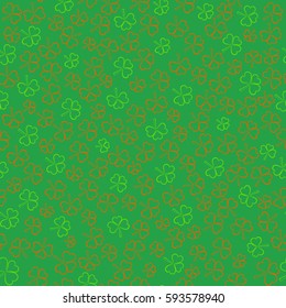 Seamless Pattern with Contour Shamrocks made in Ireland Flag Color on the Green Backdrop. St.Patricks Day Background. Vector EPS 10
