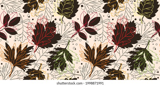 Patrón sin foco con contorno y siluetas de hojas de otoño sobre fondo beige. Fondo elegante, textil, diseño de envoltura