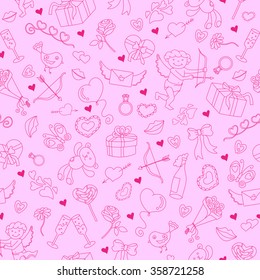  Seamless pattern with contour simple hand-drawn icons on the theme of Valentine's day on a pink substrate