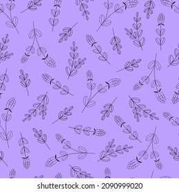 Patrón sin soldadura con brotes de contorno de lavanda sobre fondo lilaco