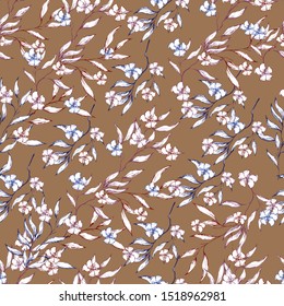 Seamless pattern of contour spring flowers drawn in ink on a brown background. Vintage texture for fabric, tile, wallpaper.