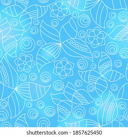 Seamless pattern with contour stained glass butterflies and flowers, outline moths on a blue background