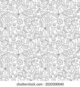 Seamless pattern with contour stained glass butterflies and flowers, dark outline moths on a white background
