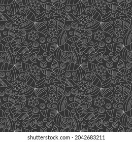 Seamless pattern with contour stained glass butterflies and flowers, light outline moths on a dark background