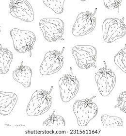 Seamless pattern with contour strawberries. Berries in hand drawn sketch style. Cute doodles in vector on a white background. Monochrome background for design wrapping paper, print, textile. 