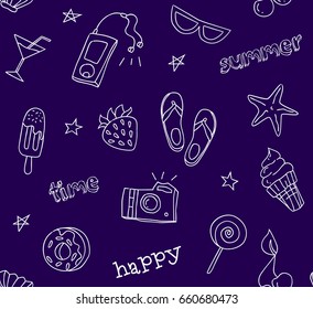 Seamless pattern with contour summer icons. Old school style. Ornament for textile. Vector background.