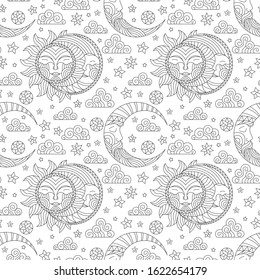 Seamless pattern with contour sun and moon, dark outlines  on a  sky background with stars and clouds