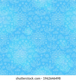 Seamless pattern with contour suns, clouds and birds, light outlines on a blue background