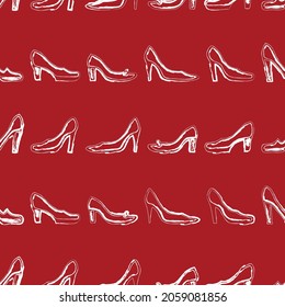 Seamless pattern of contour textured drawings of various abstract female shoes in rows