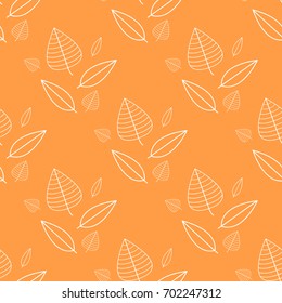 A seamless pattern with contour transparent leaves of different sizes and shapes on orange bright background