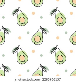 Seamless pattern, contour tropical avocados with colored spots on a white background. Pastel colors. Minimal modern design. Fruit background, vector
