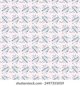 Seamless pattern with contour umbrellas in sketch style. With pink circles on the background. Light background. Textile on fabric