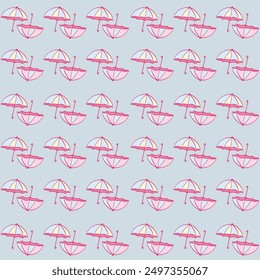 Seamless pattern with contour umbrellas in sketch style. Multi-colored umbrellas in pastel colors. Chaotic location. On a light gray background. Textile on fabric