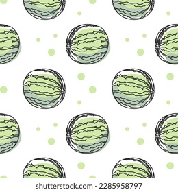 Seamless pattern, contour watermelons with colored spots on a white background. Pastel colors. Minimal modern design. Fruit background, vector