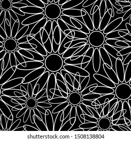 Seamless pattern. Contour white flowers on a black background. Vector drawing. Texture.