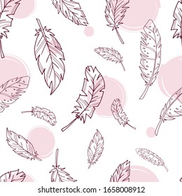 Seamless pattern with contoured feathers. Vector background. Stock vector illustration. Feathers. Black outline on a white background. Pink spot.