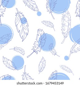 Seamless pattern with contoured feathers. Vector background. Stock vector illustration. Feathers. Purple outline on a white background. Purple spots.