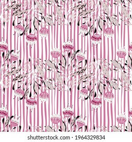 Seamless pattern with contoured foliage ethnic flowers elements print. Striped pink background. Perfect for fabric design, textile print, wrapping, cover. Vector illustration.
