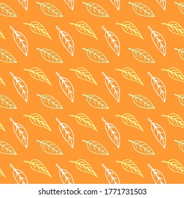 Patrón sin soldadura de hojas contorneadas aisladas en el fondo naranja, contorno de color en estilo doodle. Sencilla textura de otoño vectorial para tejidos, invitaciones, textiles para el hogar