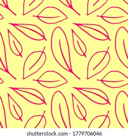 Patrón sin soldadura de hojas contorneadas aisladas en fondo amarillo, contorno rojo en estilo de esbozo. Sencilla textura vectorial para tejidos, invitaciones, textiles para el hogar