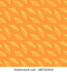 Seamless pattern of contoured leaves isolated on orange background, white outline in sketch style. Simple vector autumn texture for fabric, invitations, home textiles