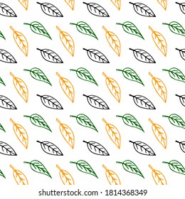 Seamless pattern of contoured leaves isolated, color outline in doodle style