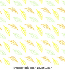 Seamless pattern of contoured leaves isolated, color outline in doodle style. Simple vector autumn texture for fabric, invitations, home textiles
