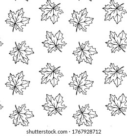 Seamless pattern of contoured maple leaves isolated on a white background. Simple vector texture for fabric, invitations, home textiles. Concept of autumn, forest, leaf fall, thanksgiving