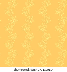 Seamless pattern of contoured maple leaves isolated on orange background. Simple vector autumn texture for fabric, invitations, home textiles. Concept of forest, leaf fall, thanksgiving day