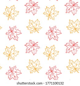 Seamless pattern of contoured maple leaves isolated on a white background. Simple vector texture for fabric, invitations, home textiles. Concept of autumn, forest, leaf fall, thanksgiving
